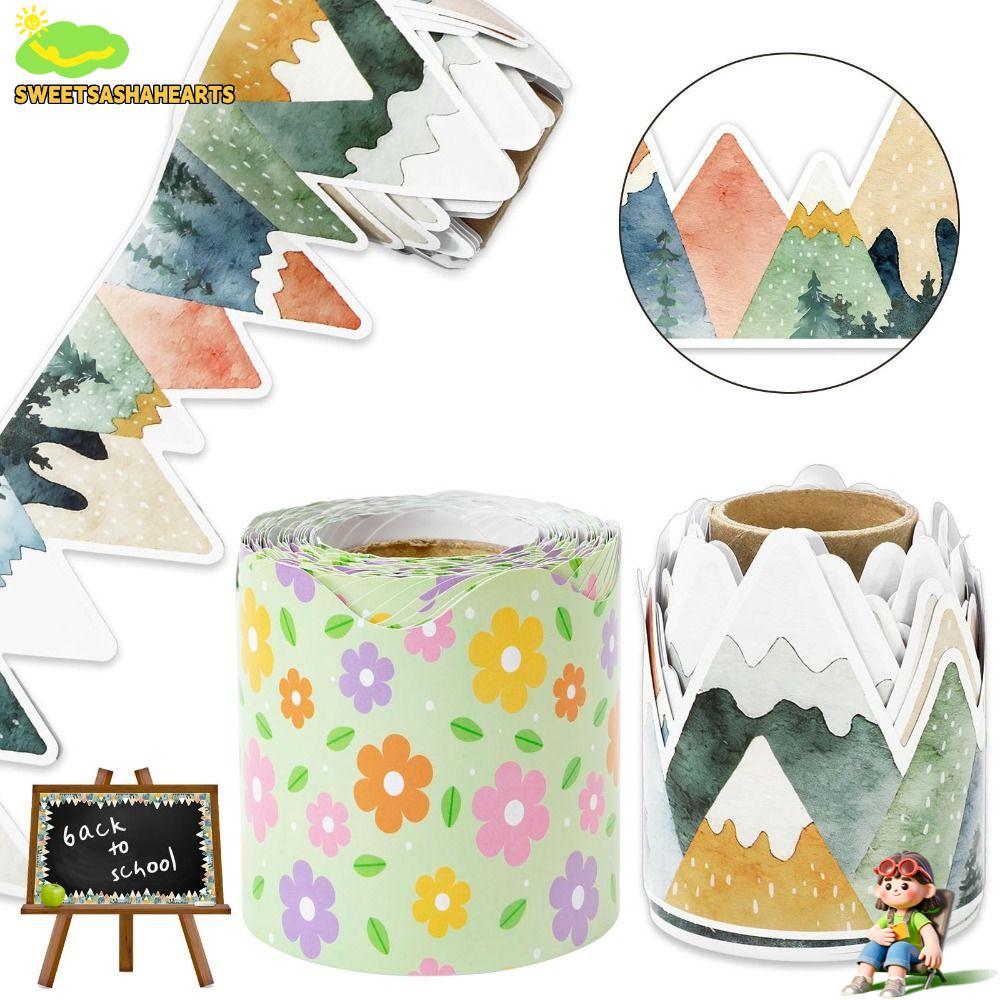 SWEE โปสเตอร์ชายแดนสติกเกอร์, DIY กระดาษขอบหยักกันน้ํา, สติ๊กเกอร์ตกแต่งบอร์ดสีดําดอกไม้สําหรับห้องเรียน Bulletin Board Home Party