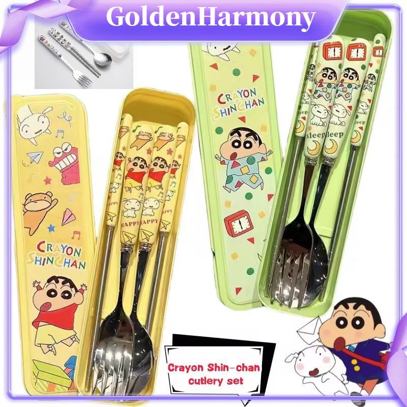 COD❤ ชุดช้อนส้อมสแตนเลสลายการ์ตูนเครยอนชินจังสุดน่ารักสำหรับเด็ก 【GoldenHarmony】