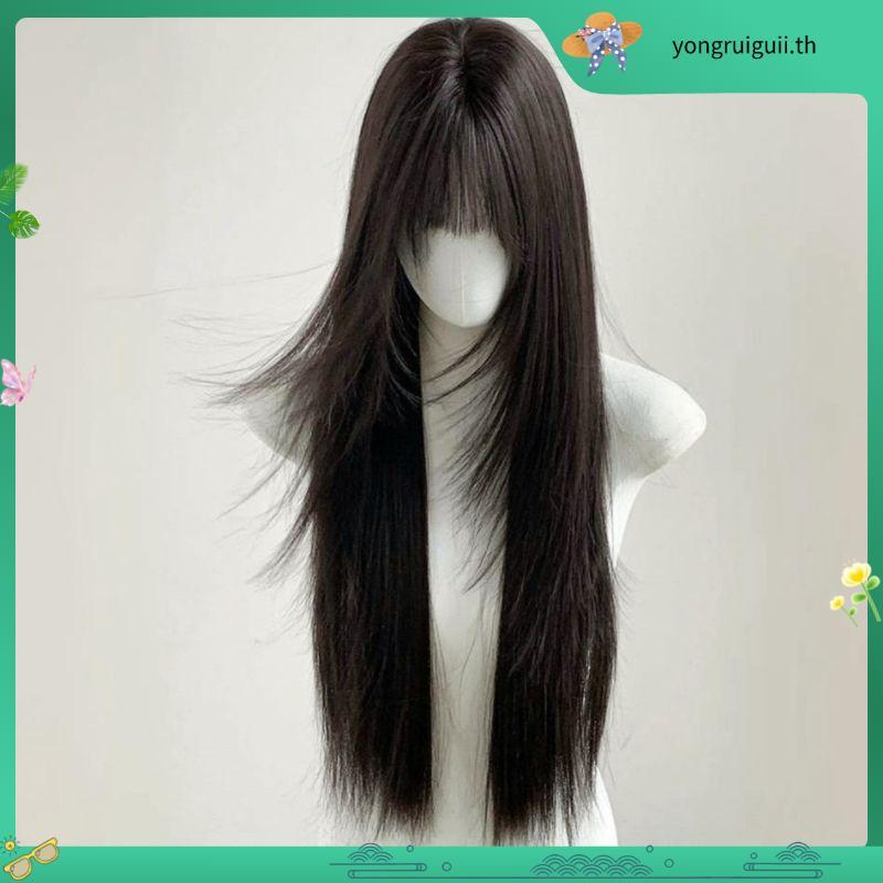 GDS Wigs วิกผมตรงสีน้ำตาลเข้ม มีหน้าม้า ปลายสไลด์ตัววี (ยาว 75 cm)