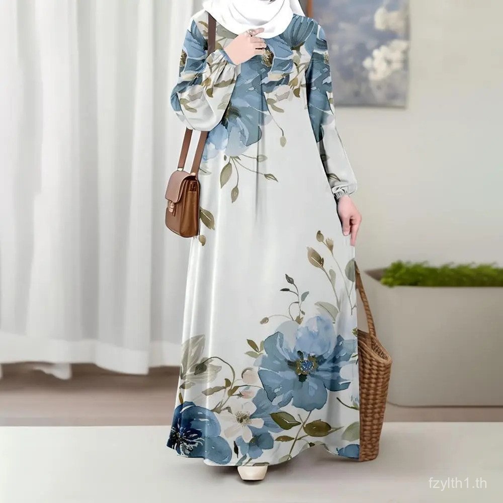 มุสลิมใหม่หลวม Flowy Abaya, Multi-color Ink Blue Floral Print คอกลมแขนยาว, สไตล์ Commute หรูหรา, มีให้เลือกหลายสี