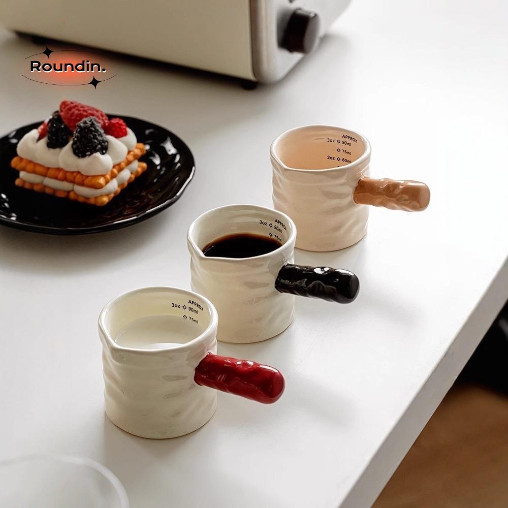 ROUNDIN Espresso Cup,พร้อมที่จับเหยือกนมเซรามิก,Insพร้อมสเกล 90mlถ้วยตวงร้านอาหารในบ้าน