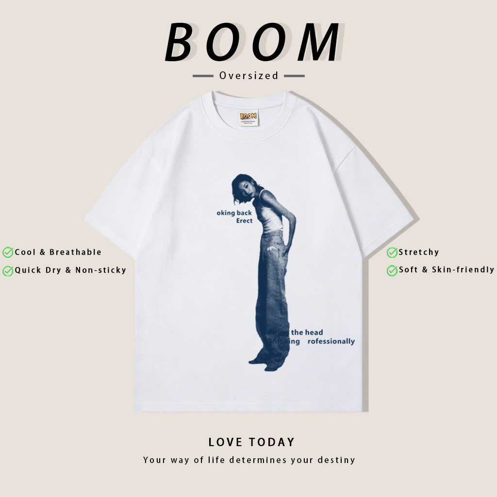 BOOM ฤดูร้อน เสื้อยืดสั้นแขน สไตล์สตรีท Oversize ผ้ายืดคุณภาพ ระบายอากาศดี (เงินสดปลายทาง)