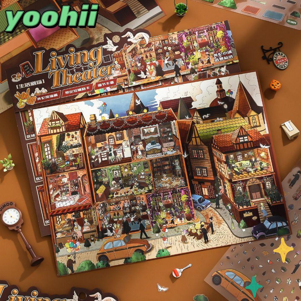 สติ๊กเกอร์ภูมิทัศน์ YOOHII, สติ๊กเกอร์ภูมิทัศน์ขนาดเล็กขนาดใหญ่ PET, ของขวัญชุดเมืองอังกฤษการ์ตูนฉากขนาดเล็กภาพตัดปะ