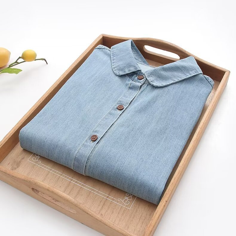 Mori Kei DENIM เสื้อผู้หญิงฤดูใบไม้ผลิฤดูใบไม้ร่วงญี่ปุ่น Peter Pan Collar Blue Solid Denim เสื้อ Ca