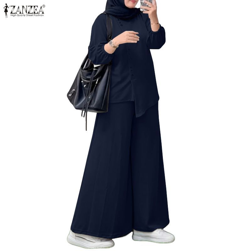 ZANZEA ซานเซีย เสื้อเบลาส์แขนยาวคอกลมแฟชั่นมุสลิมผู้หญิงแข็ง + กางเกงขายาวเอวยางยืดชุดสองชิ้น