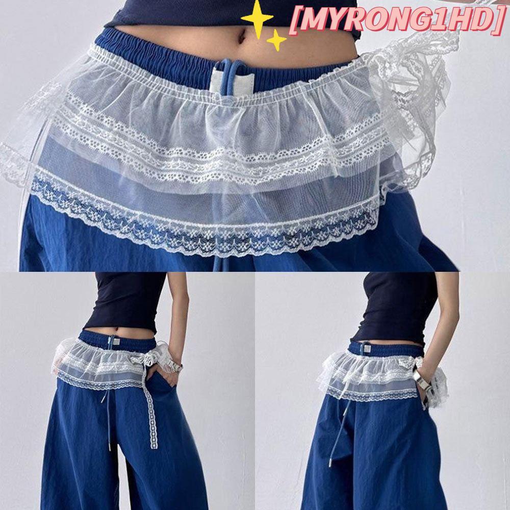 MYRONG1HD Lace Up Ruffles กระโปรง, Harajuku Y2K Streetwear ลูกไม้มินิกระโปรง,ดูผ่านปักดอกไม้ก้นผ้าม่