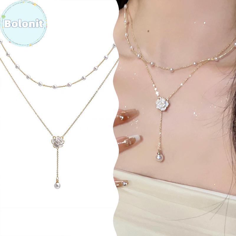 Bolonit เพarl Camellia Double Layer Necklace เครื่องประดับสำหรับผู้หญิงหรูหราและประณีต พร้อมสร้อยคอม
