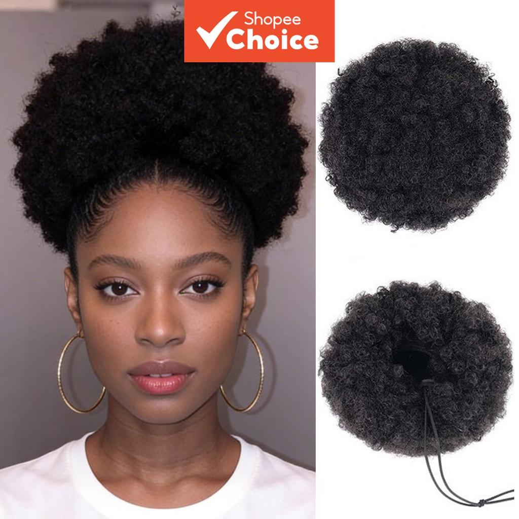 Afro Puff Drawstring วิกผมหางม้า Extension ธรรมชาติสีดํา Kinky Curly Hair Bun