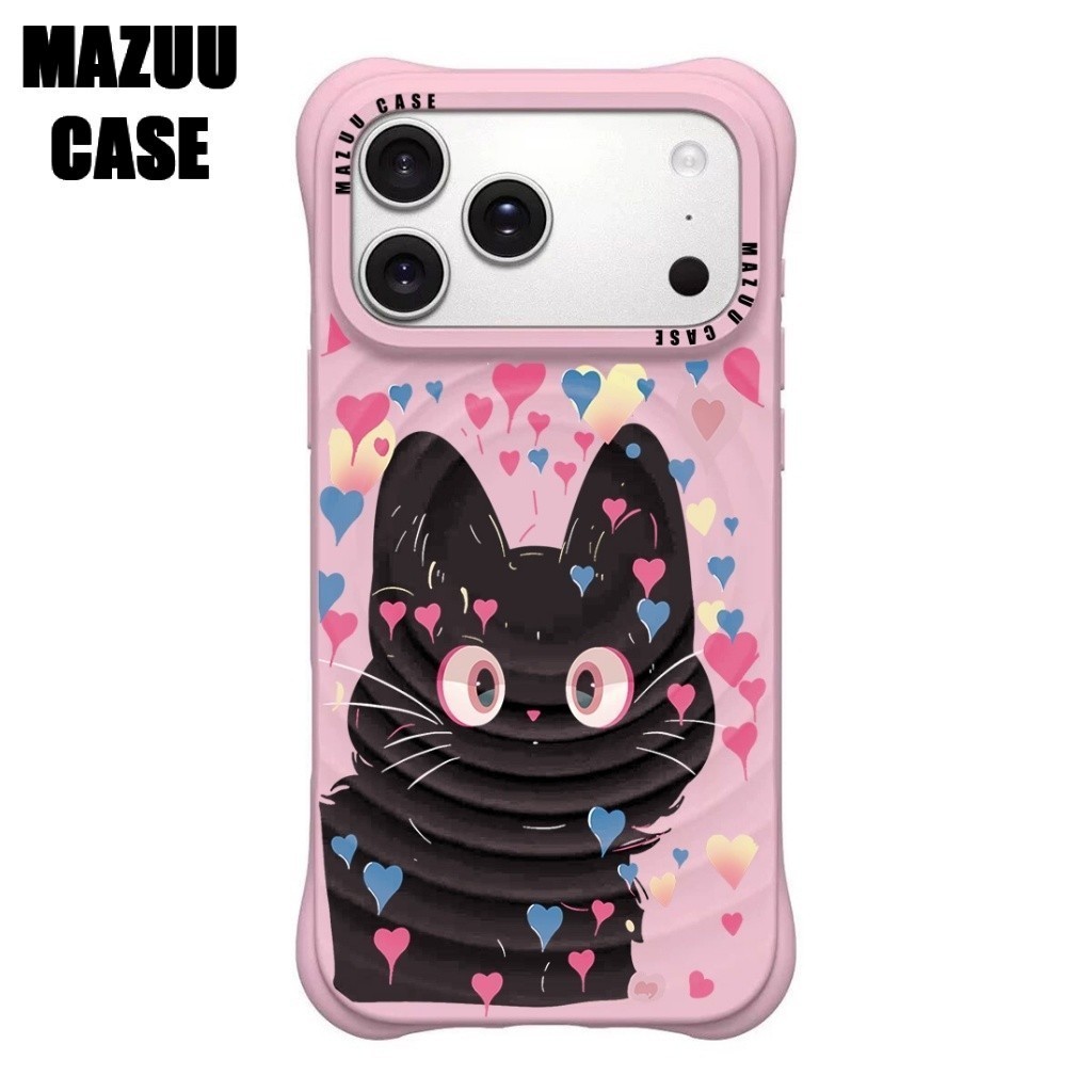 เคสไอโฟนแม่เหล็ก ลอนคลื่น มุมหนากันกระแทก ซิลิโคนชมพู ลายแมวดำจุดสี iPhone 17 16 15 14 13 Pro Max Plus