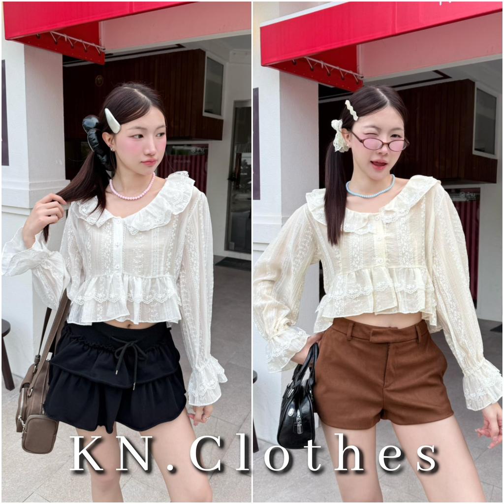 Angle top : เสื้อแขนยาว คอระบาย แต่งชาย2เลเยอร์ กระดุมดอกไม้ KN.Clothes