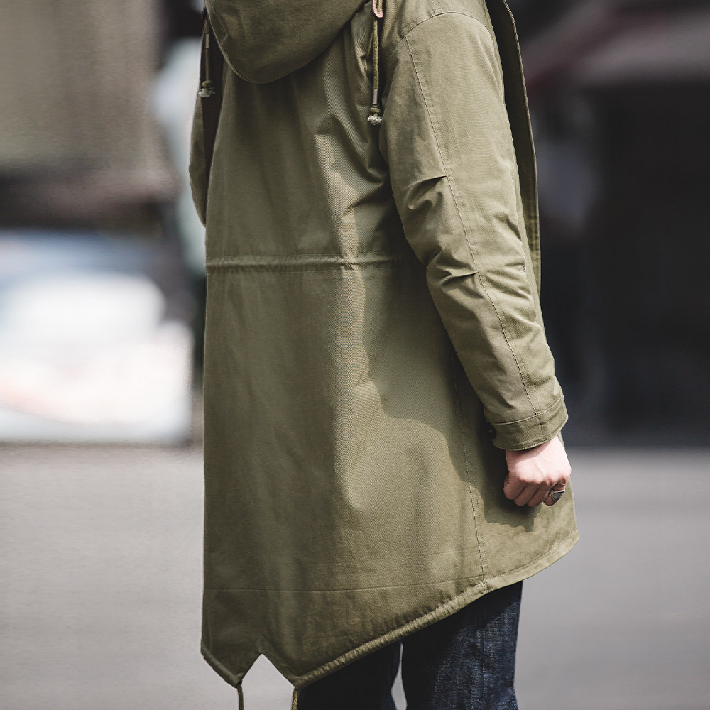 American Retro M51 Fishtail Jacket สไตล์Army Green ขนาดกลาง เสื้อกันลมพร้อมฮูด ทำจากผ้าฝ้ายเบาะ เหมา