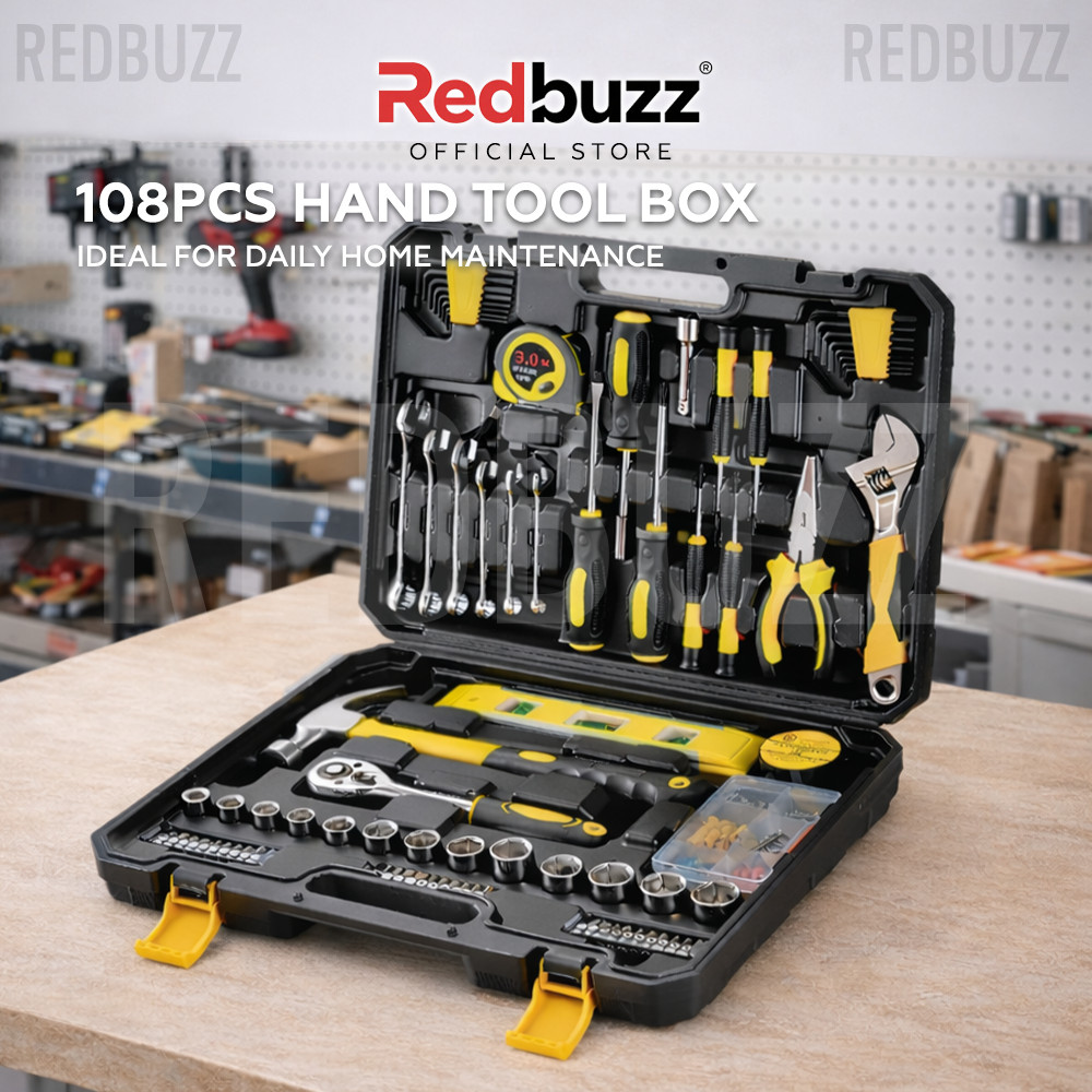 REDBUZZ 108pcs Household Hand Tool Box Set Screwdriver Set Tool Box Ratchet Spanner Combination Tool