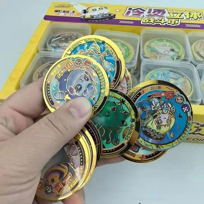 蛋仔冷烫流沙金立体战斗塑料币超市热卖新款圆形撕不烂小孩玩卡牌Eggs cold hot quicksand gold three-way combat plastic coins supe mW0AN