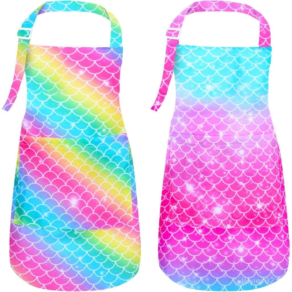 PASHOP 2 Pack Kids Apron Mermaid Toddler Apron With Pockets for Kids Girls Boys Cooking Baking Paint