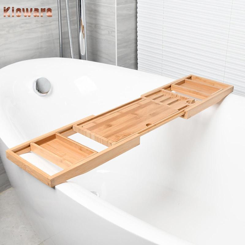 [Kloware] อ่างไม้ Cddy Try djustble Bth Orgnizer Rck Shower Rck Wine Glss ลองกว่า Tub Sop จาน Bth ผู