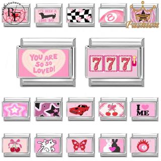 สร้อยข้อมือสแตนเลสพิมพ์แมวผีเสื้อสีชมพู อิตาเลียน charm แบบเ…