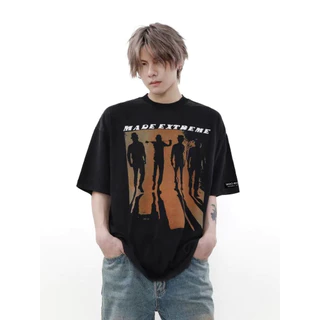 （จัดส่งตลอด 24 ชั่วโมง）HYเสื้อยืดฟอก ผ้าฝ้าย100% โอเวอร์ไซซ์ สีดําเข้ม สไตล์ฮิปฮอป เรโทรเสื้อเชิ้ตสำหรับคู่รักชายและหญิง
