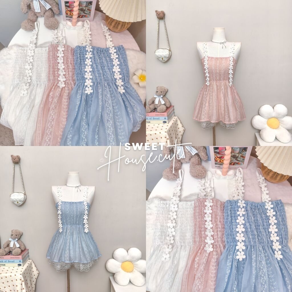 🧸 SweetHouse #707 🌻 ชุดเซตเสื้อสายเดี่ยวดอกไม้ผ้า Rossy (ผ้าบาง) สม็อคอกรอบตัว + กางเกงผ้าลูกไม้ระบาย 3 ชั้น