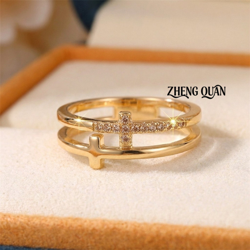 Cubic Zirconia & Gold CopperTrendy Double Layer Cross Ring Stacked Illusion Openwork Pave CZ Wide Band ราคา ถูกที่สุด ดีลบีเคเค แกลเลอรีภาพที่ 5
