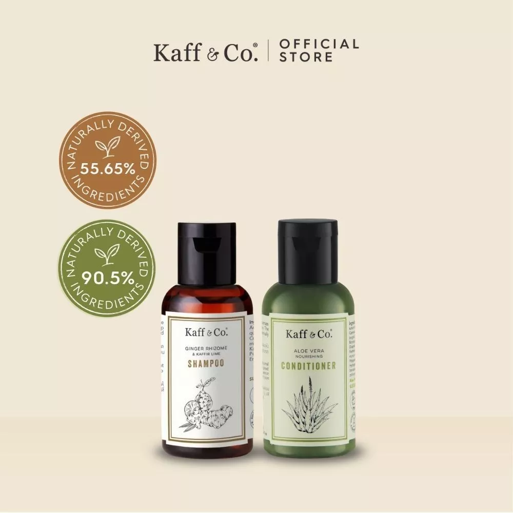 Kaff & Co. หนังศีรษะมัน ลีบแบน ฟื้นฟูผมร่วง แห้งเสีย แชมพูขิงและครีมนวดว่านหาง ขนาดเดินทาง 40 ml