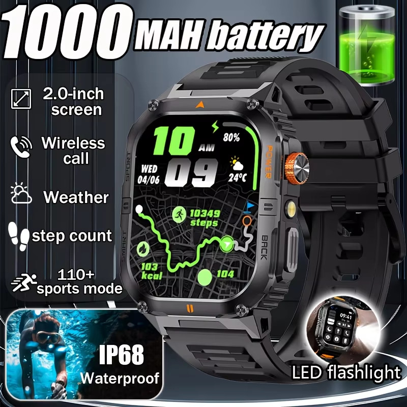 ใหม่ 1000mAh ทหารสมาร์ทวอทช์กลางแจ้งสําหรับชายไฟฉาย LED IP68 กันน้ํา GPS กีฬา 2.01 นิ้วบลูทูธสมาร์ทนาฬิกา