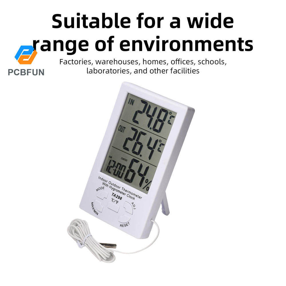 Pcbfun เครื่องวัดอุณหภูมิและไฮโกรมิเตอร์ในร่ม/กลางแจ้งแบบดิจิตอลพร้อม °ค/°F การสลับด้วยเซ็นเซอร์โพรบ