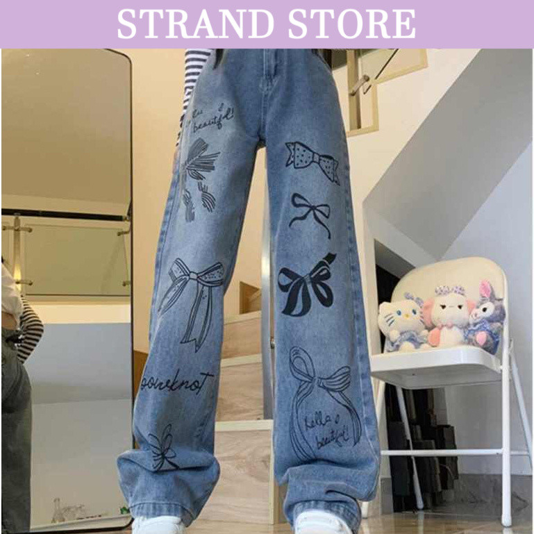 STRAND💜 กางเกงยีนส์ขากว้าง  เอวสูงทรงกระบอก ลายพิมพ์กราฟฟิค ไตส์สาวอเมริกัน XV92