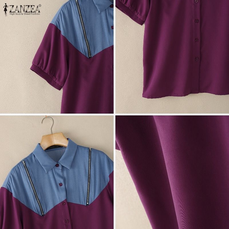 ZANZEA เสื้อผ้าสไตล์เกาหลีสำหรับผู้หญิง แจ็กเกตดีนิมแบบเรียบๆ มีกระดุมและซิปรูปแบบตัดต่อสี — صورة 8
