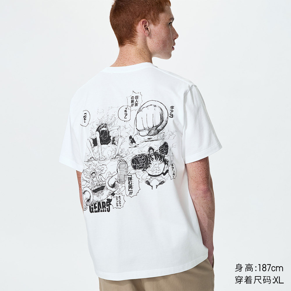 U~-T One Piece Luffy 5th Grade สีดําและสีขาวพิมพ์การ์ตูนแฟชั่นหลวม Fitting เสื้อยืด Unisex อเนกประสง