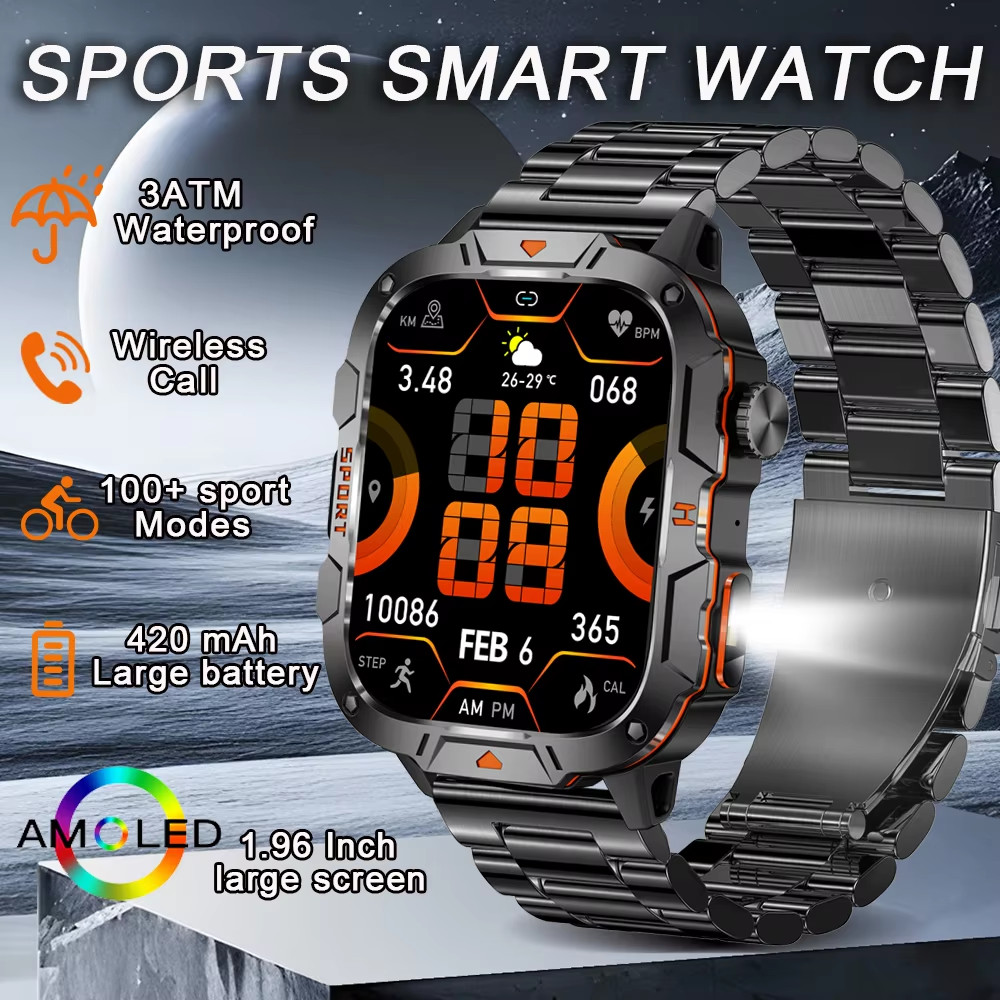 2026 กลางแจ้งทหาร SmartWatch GPS Trackrไฟฉาย 1.96 "หน้าจอHDบลูทูธโทรผู้ชายกีฬาออกกําลังกายSmartwatch