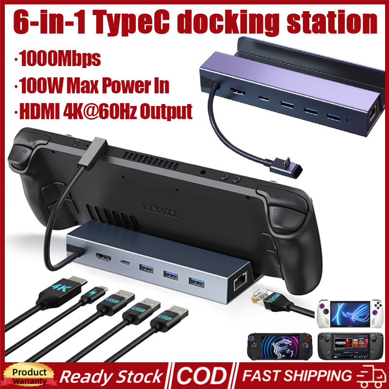 6-in-1 USB-C Steam Deck Docking Station 4K @ 60Hz Docking Station 1000Mbps LAN, 3x USB 3.0 5Gbps PD 