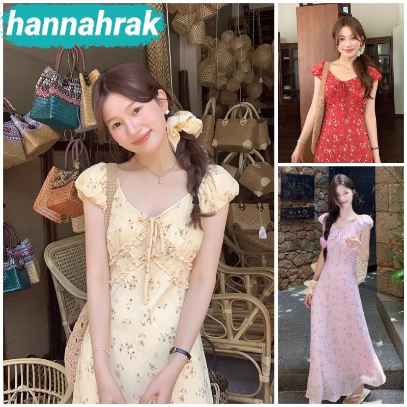 (ส่งจากกรุงเทพฯ)เดรสยาว ละบายแขนตุ๊กตา ลายดอกไม้ สไตล์ฝรั่งเศสย้อนยุค ตัวเลือกสามสี แบบกระโปรงยาว