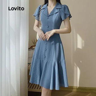 Lovito เดรสสวยหรู ระบายกระดุม สีฟ้า สำหรับฤดูใบไม้ผลิและฤดูร้อน สำหรับผู้หญิง LK3ED102