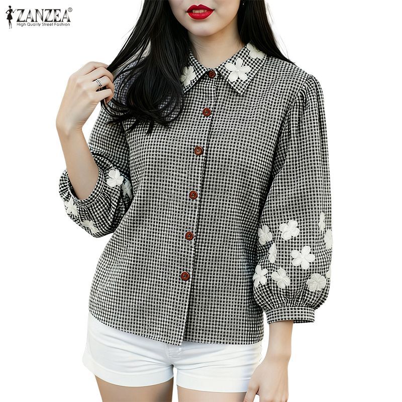 ZANZEA เสื้อผ้าสไตล์เกาหลีเรโทรสำหรับผู้หญิง ดีไซน์คอกระดุมและแขนยาว 3/4 พิมพ์ลายสวย