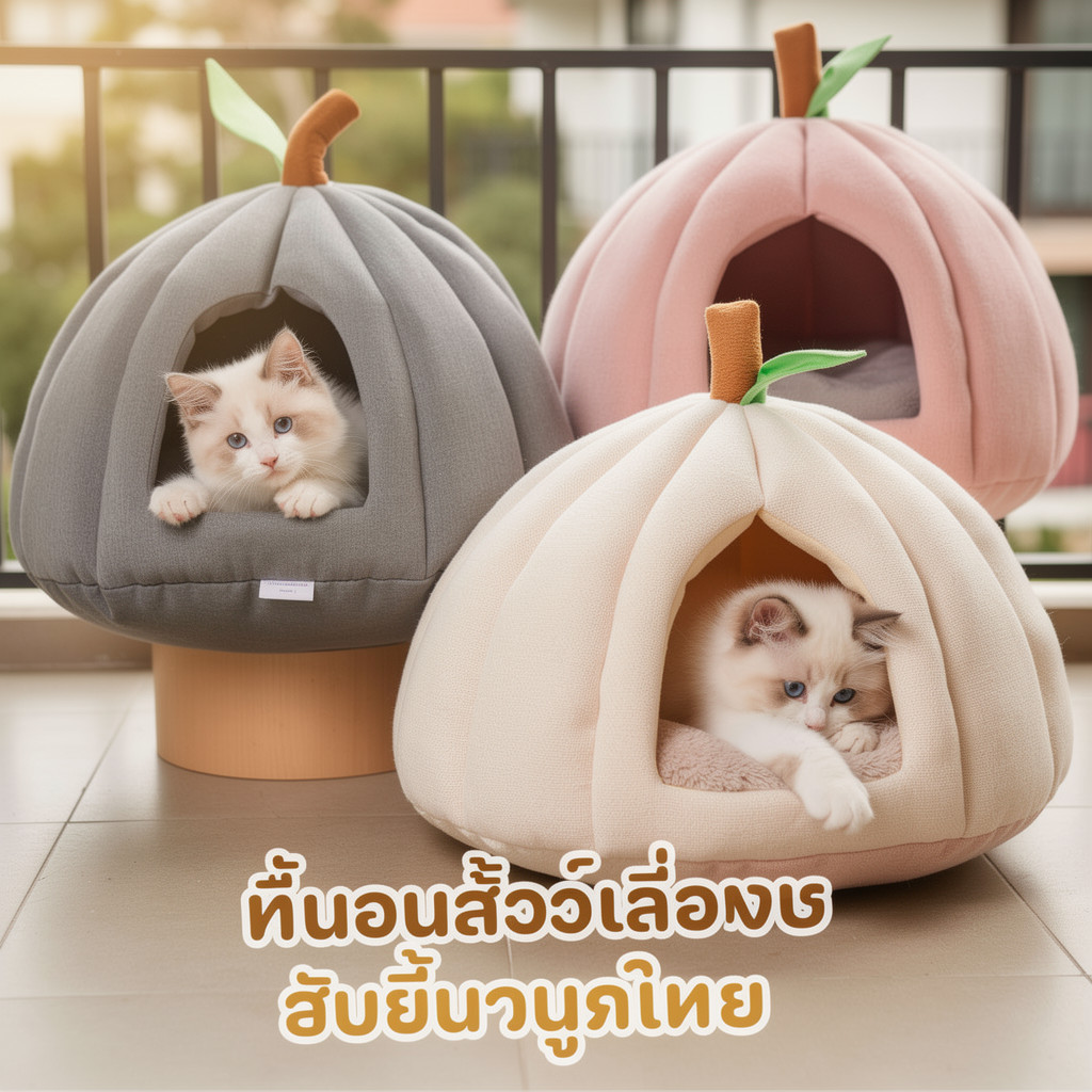 ที่นอนแมว บ้านแมว ฟักทอง เบาะนอนสัตว์เลี้ยง นุ่มอุ่น กันลื่น ถอดซักได้ รังแมวใหญ่ แมวสุนัข