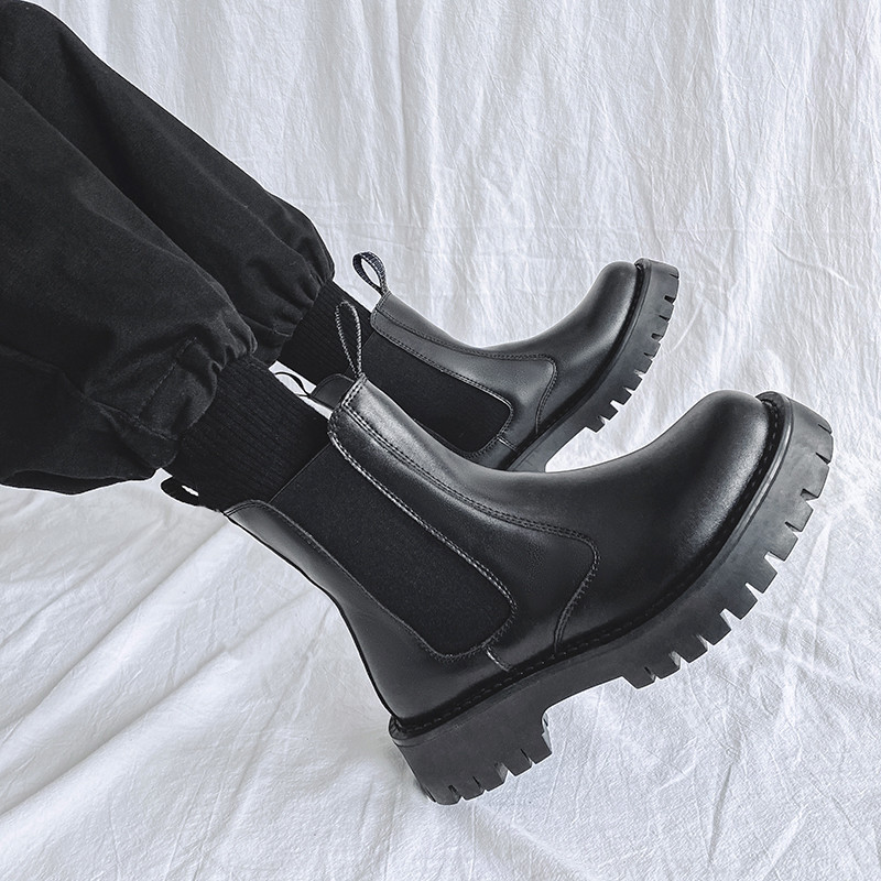 Chelsea Martin Boots ผู้ชายรองเท้าบุหรี่หนังแท้สไตล์อังกฤษ High-Top รองเท้าหนังสีดํา Mid-Top รองเท้า