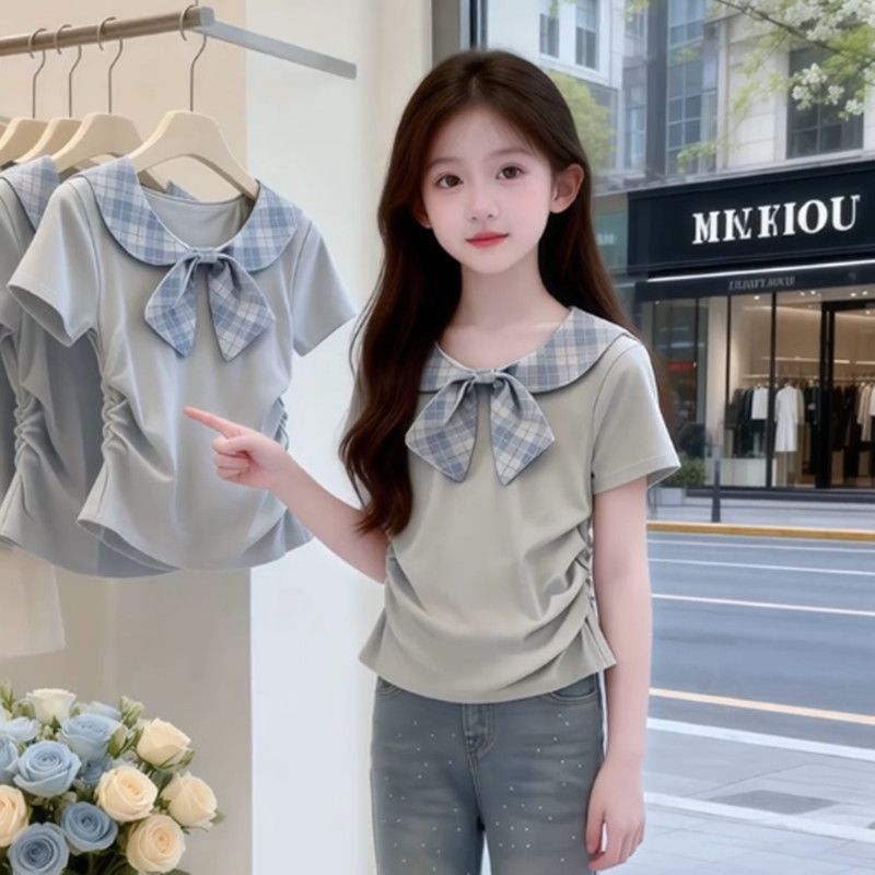 เสื้อยืดแขนสั้นคอลูกเรือลายสก๊อตผูกโบว์ สำหรับเด็กหญิงอายุ 3-14 ปี ทำจากผ้าฝ้าย