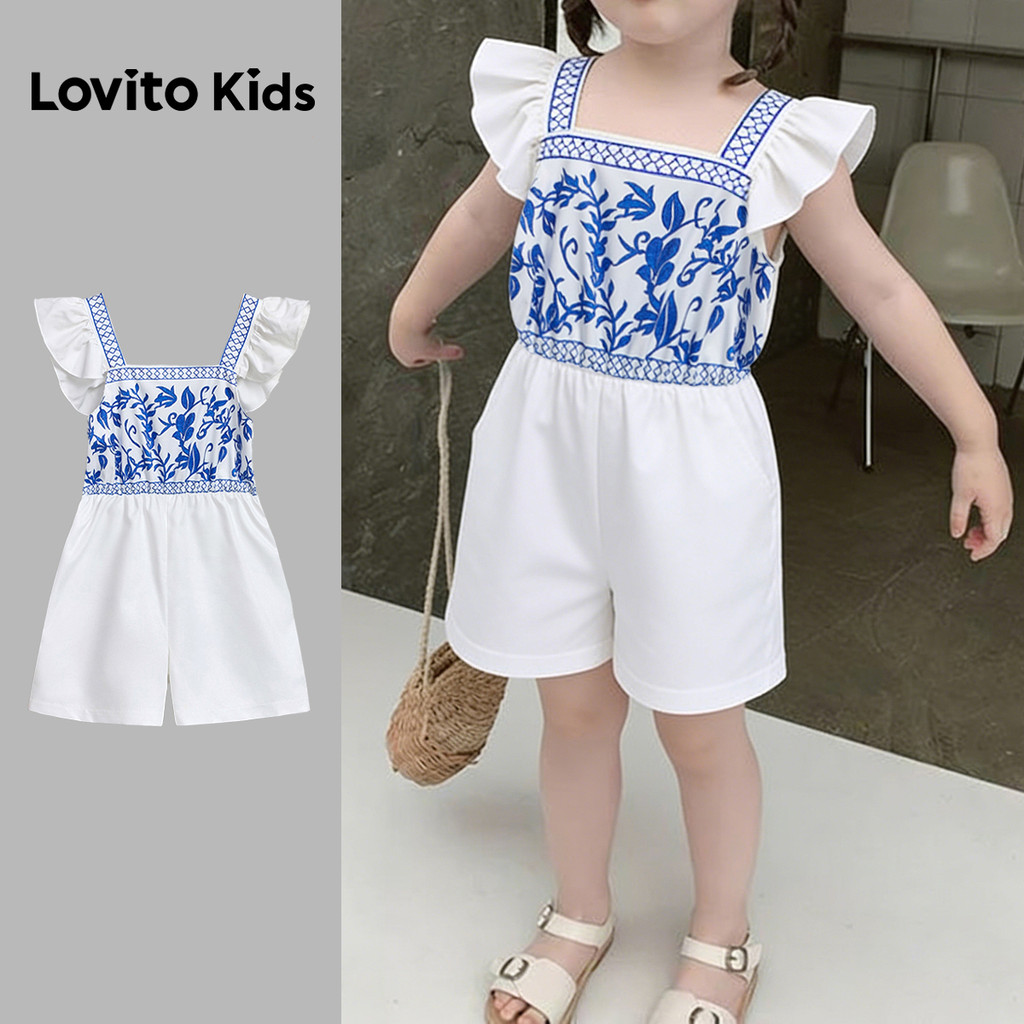 Lovito Kids จั๊มสูทเด็กหญิงสไตล์โบโฮ ขอบระบาย ลายเส้น โครงสร้าง สีฟ้า สําหรับฤดูใบไม้ผลิ/ฤดูร้อน L186LD271