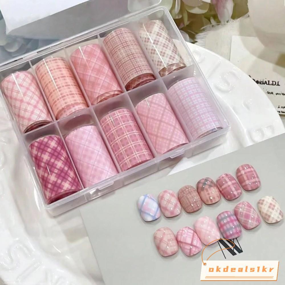IOKDEALS1 สติกเกอร์เล็บฟอยล์ลายดาว 10 ม้วน ปั๊มลายตารางสีชมพู DIY