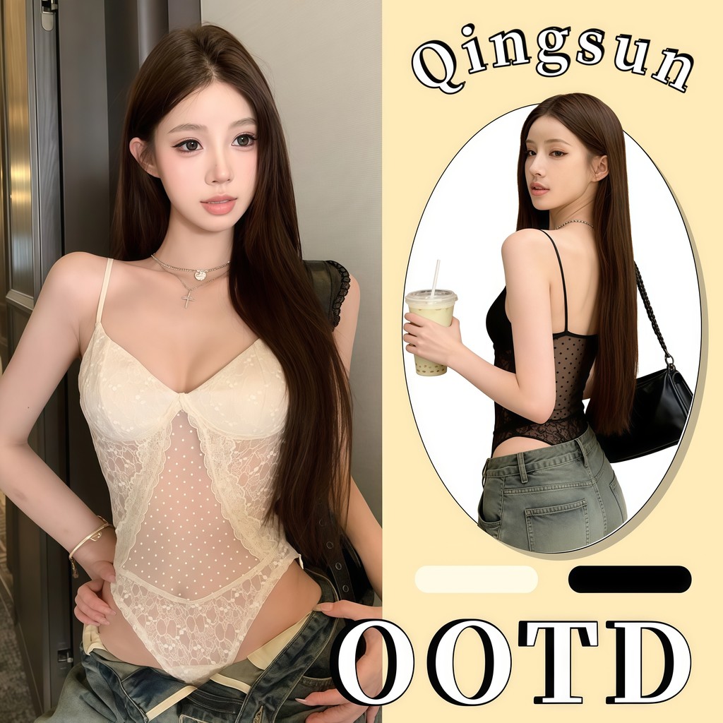 Qingsun ชุดวันพีซแฟชั่นผู้หญิง ทำให้ดูผอม การออกแบบแบบโปร่ง สีพื้น เซ็กซี่ เรียบเข้ารูป-FY5078-0