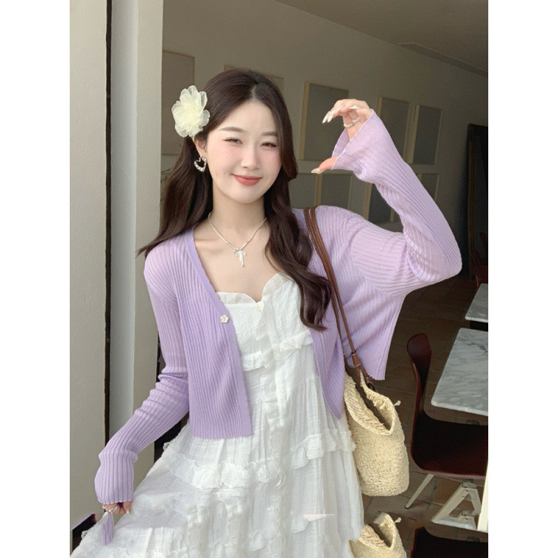 เสื้อคาร์ดิแกนกันแดดน่ารักสำหรับผู้หญิง สไตล์ใหม่สีม่วงขนาดเล็ก เหมาะสำหรับฤดูร้อน ราคา ถูกที่สุด ดีลบีเคเค รูปภาพหลัก