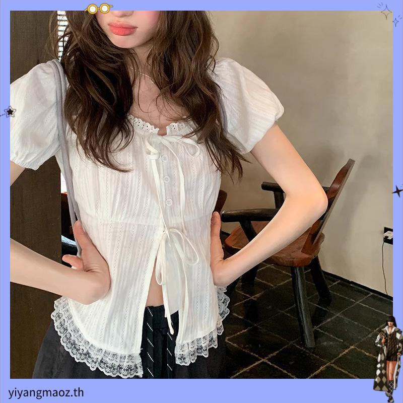 Veewink พร้อมส่งจากกทม เสื้อเบลาส์ลูกไม้เรียบๆสบายๆสำหรับผู้หญิง เสื้อเชิ้ตแขนสั้นแขนพัฟ เวอร์ชั่นเก
