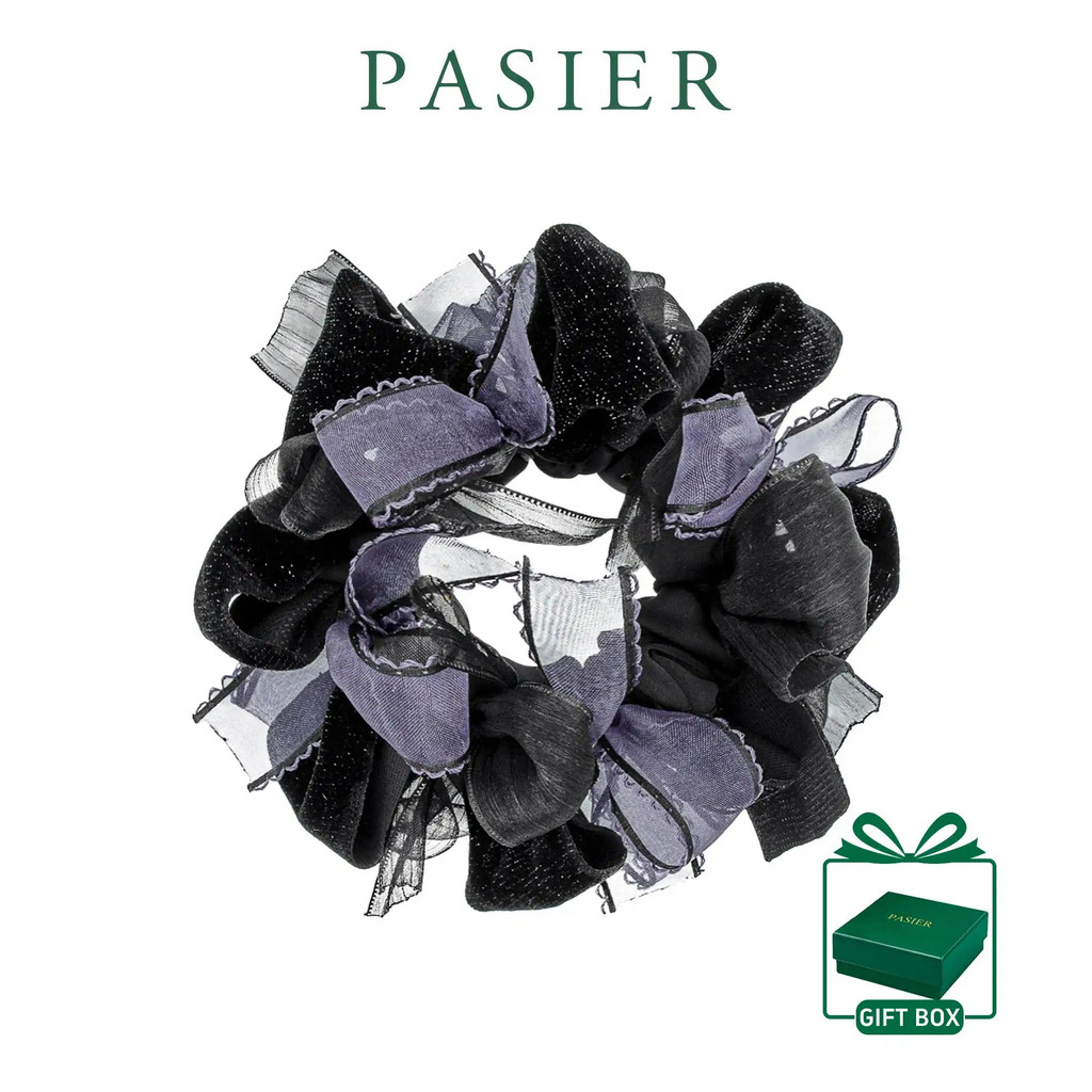 PASIER ยางรัดผมกำมะหยี่สีม่วง ดีไซน์ผ้าโปร่งสลับกำมะหยี่สีดำ พร้อมกล่องของขวัญ CC1711