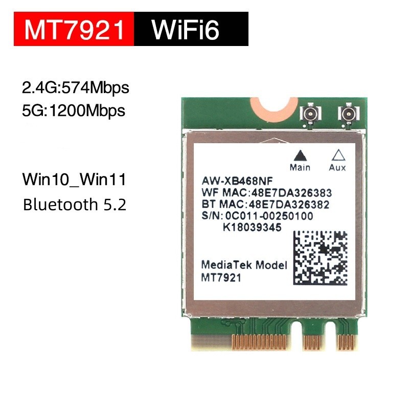 การ์ด Mini  M.2 Bluetooth5.2  MT7921 WIFI6 2.4G/5G WIN10_WIN11