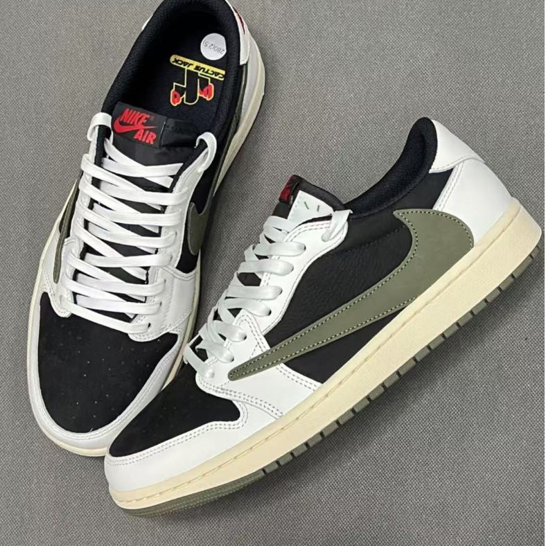 ออกแบบใหม่ Travis Scott x Air Jordan 1 AJ1 Low-Top "Medium Olive" OFF-WHITE ลายกัญชา 5.0 รองเท้าผู้ช