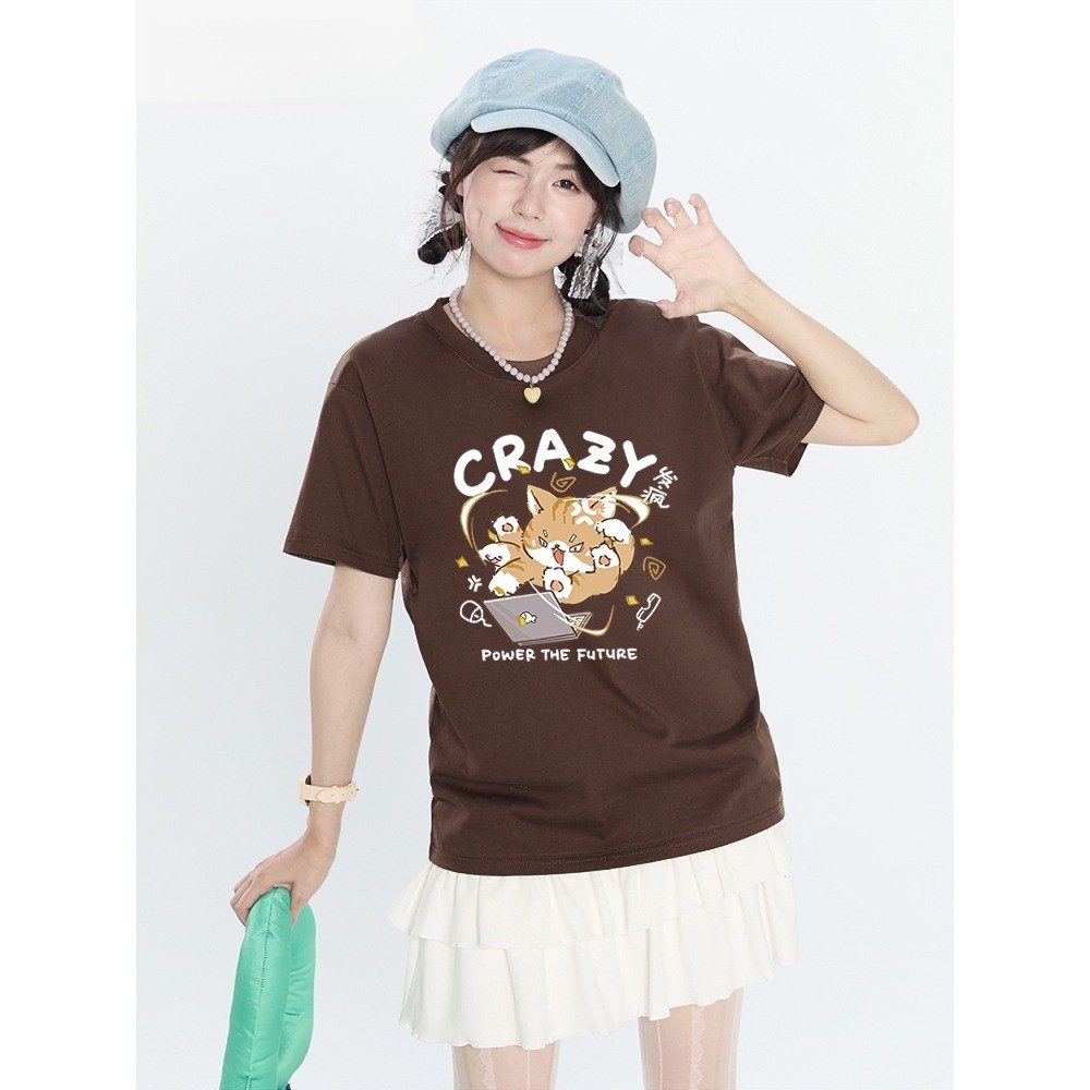 220G 100%CottonCC Grumpy ทํางานออนไลน์พิมพ์แมวเสื้อยืดแขนสั้นผู้หญิงฤดูร้อนบรรยากาศหลวมด้านบน