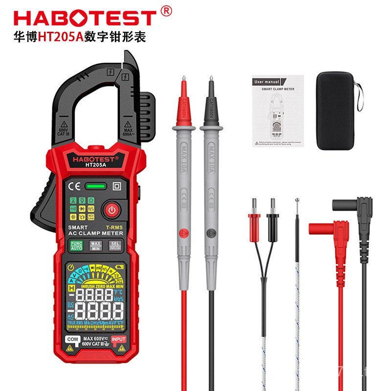 แคลมป์มิเตอร์ AC DC ความแม่นยําสูงจอแสดงผลดิจิตอล Huabo HT205D มัลติมิเตอร์มัลติฟังก์ชั่น 600A Digit