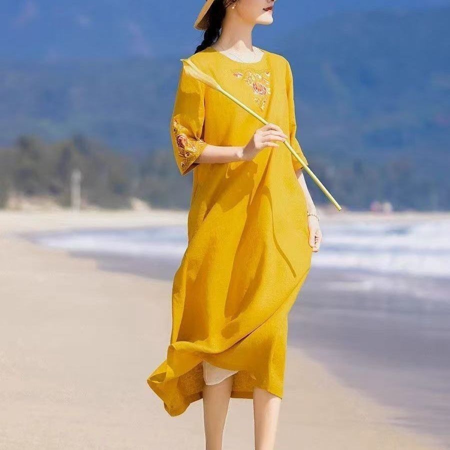 纯棉棉麻2025文艺复古刺绣新中式改良旗袍连衣裙小圆领绣纯棉棉麻2025文艺复古刺绣新中式改良旗袍连衣裙小圆领 8Iz4V0r41a1220