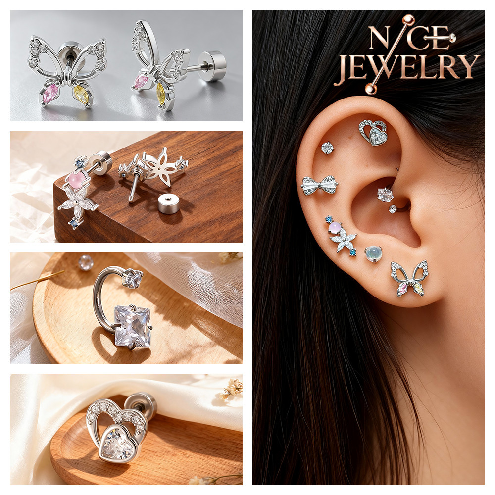 ต่างหูสเตนเลสลายผีเสื้อ พร้อมเข็มเจาะ ขนาด 16G และ 20G สำหรับการเจาะ Helix, Tragus, และ Conch