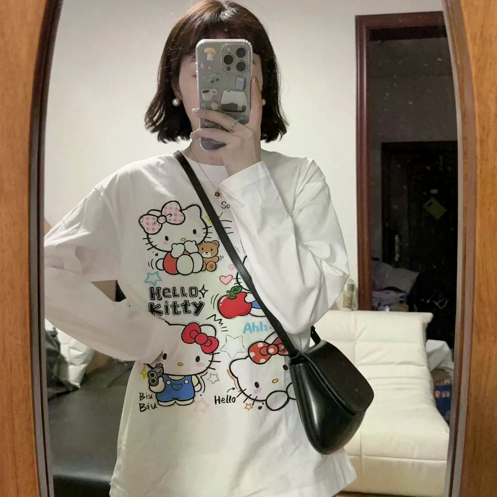 เสื้อยืดแขนยาวสำหรับผู้หญิง ออกแบบลายการ์ตูนคิตตี้ สวมใส่ง่ายและสบาย